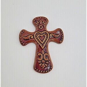 Christian Cross Heart w/ Wings Shiny Glazed Ceramic 6" Easter Christmas